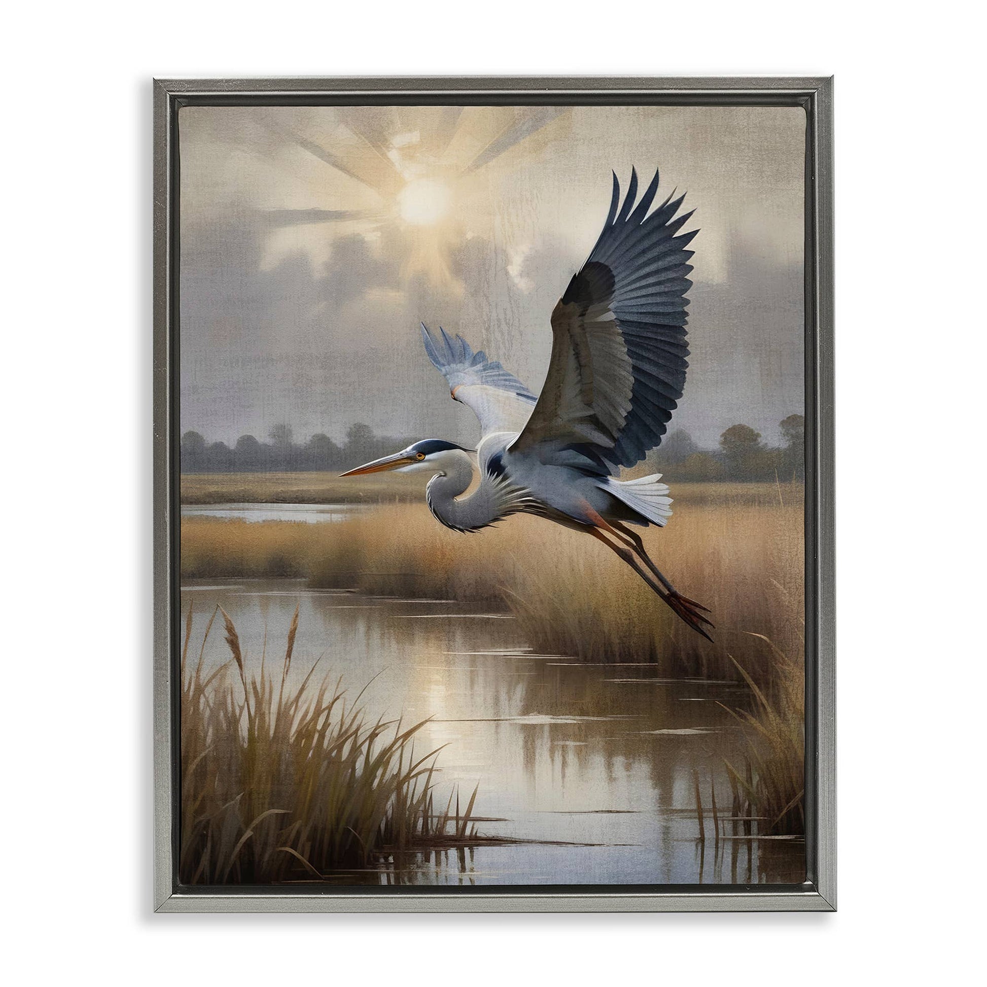 Heron Flight over Wetlands - Framed Wall Art