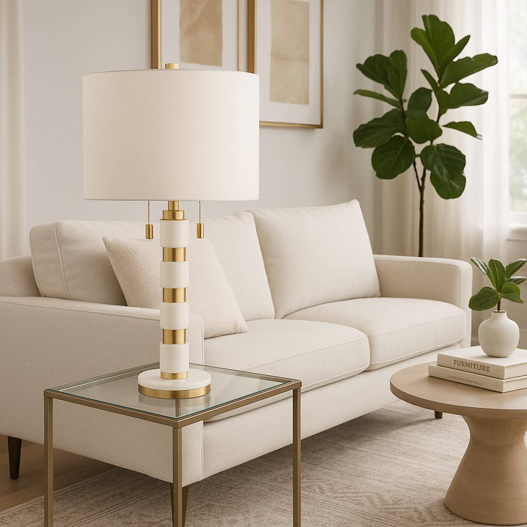 White/Gold 27x14 in. Stacked Marble Table Lamp with 2 Pulls
