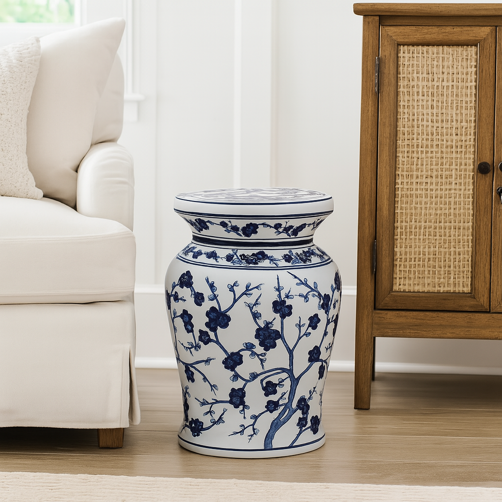 Blue Garden Blue and White 18'' Cherry Blossom Podium Stool