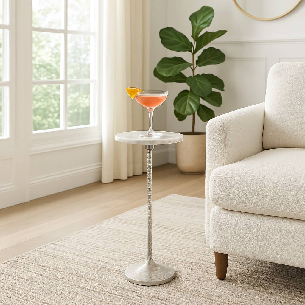 Drink Table - Brown Marble Top Pedestal Metal Base, 26 in.