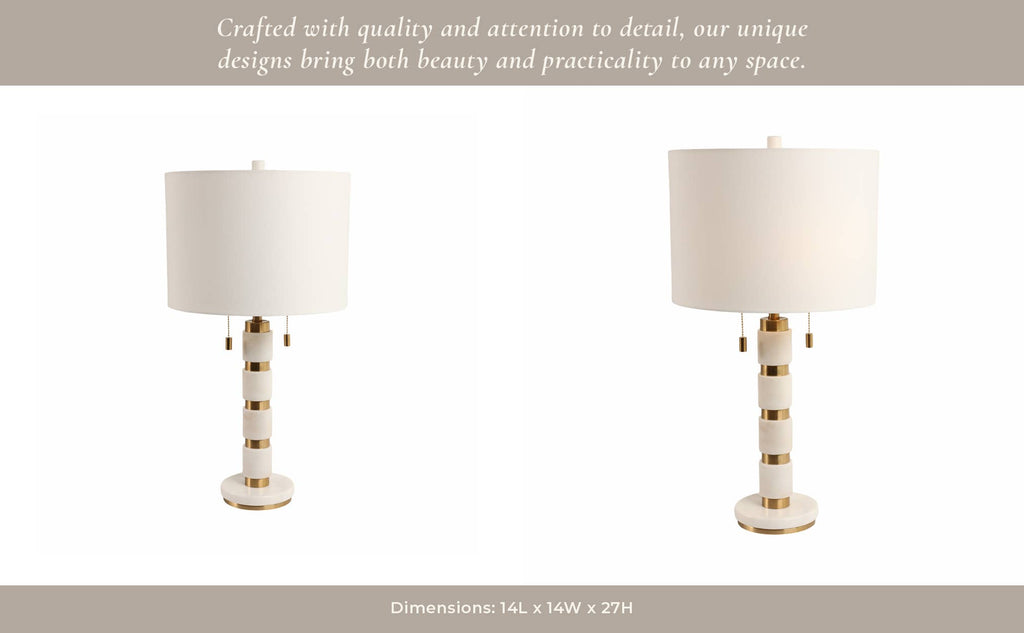 White/Gold 27x14 in. Stacked Marble Table Lamp with 2 Pulls
