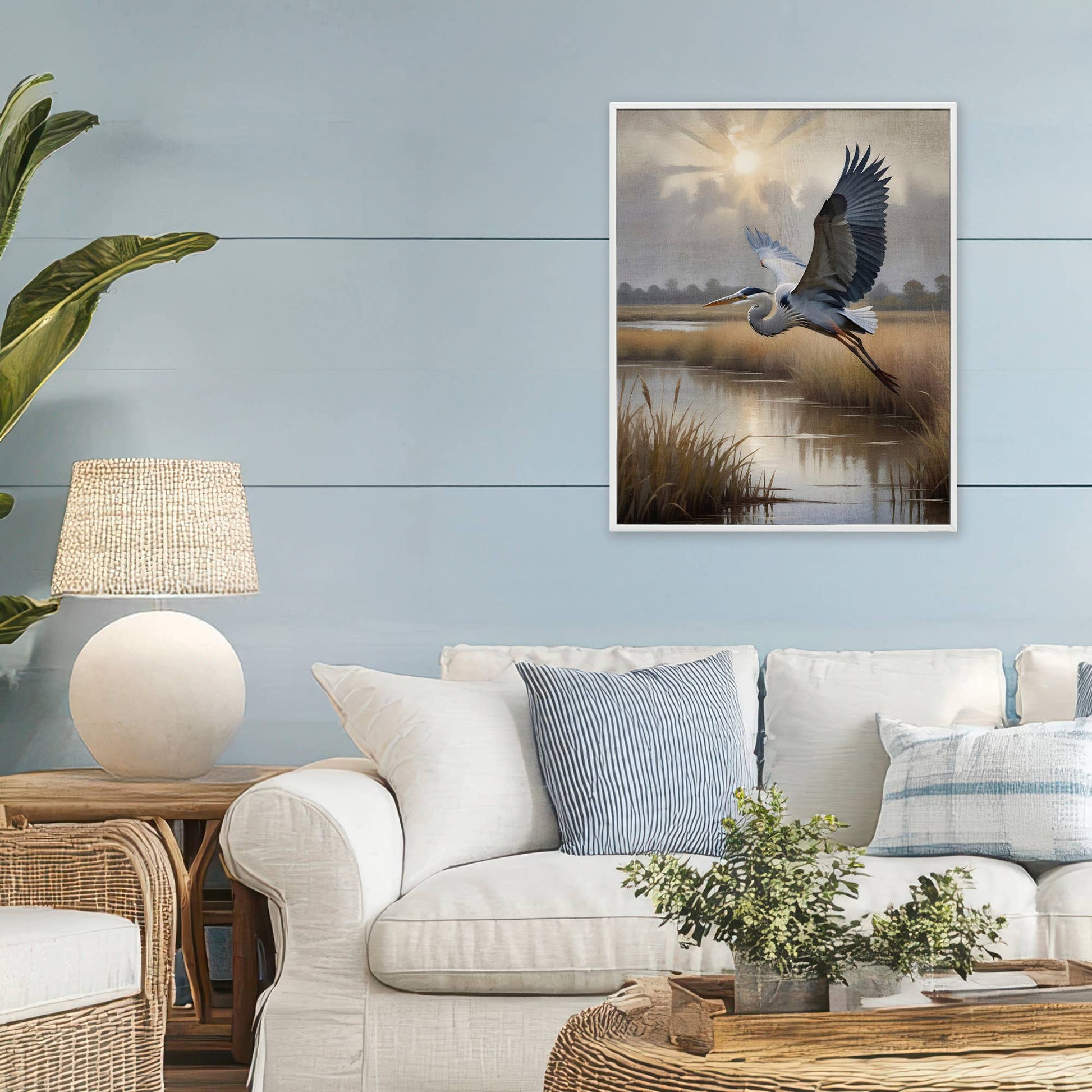 Heron Flight over Wetlands - Framed Wall Art