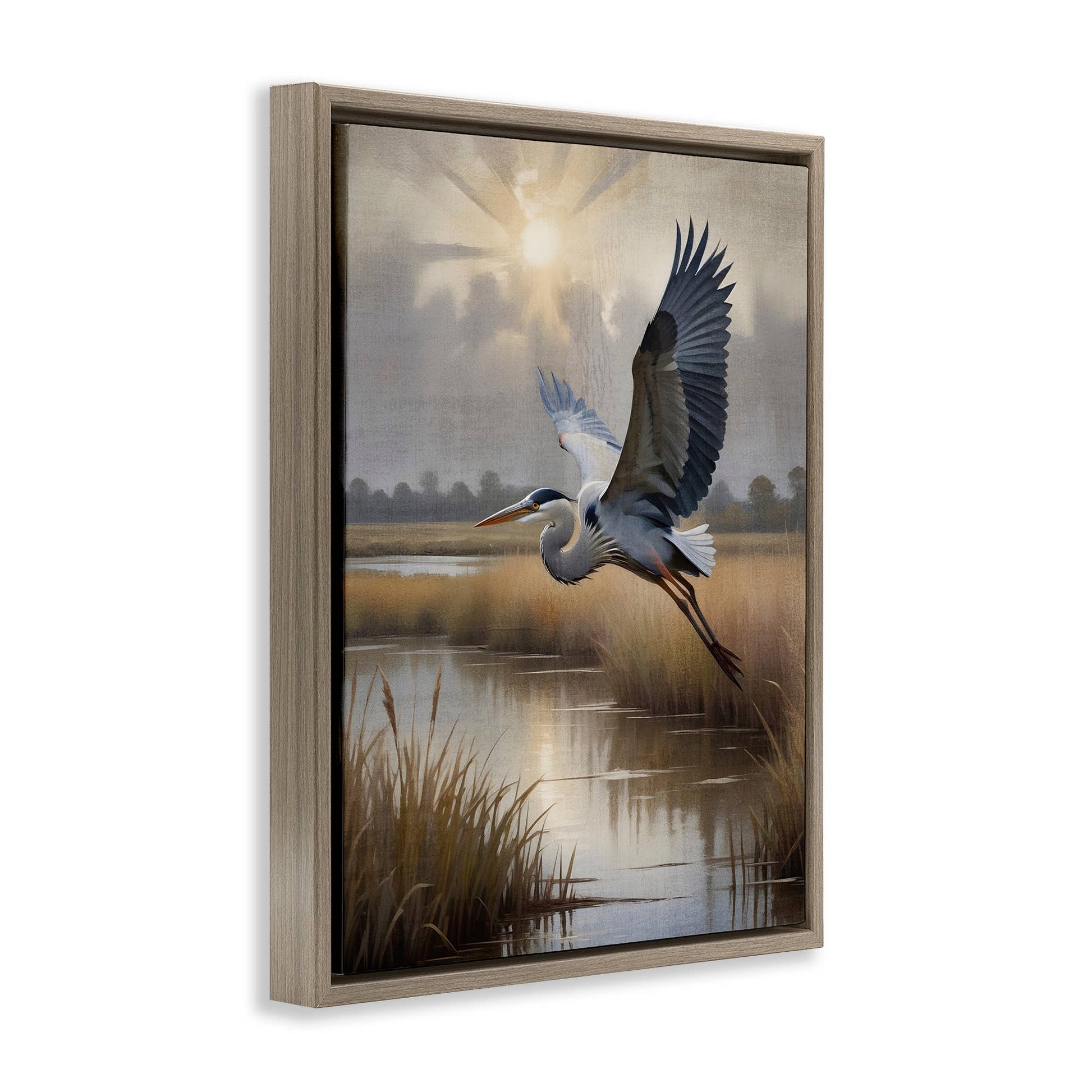 Heron Flight over Wetlands - Framed Wall Art