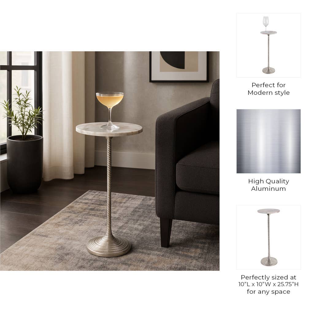 Drink Table - Brown Marble Top Pedestal Metal Base, 26 in.