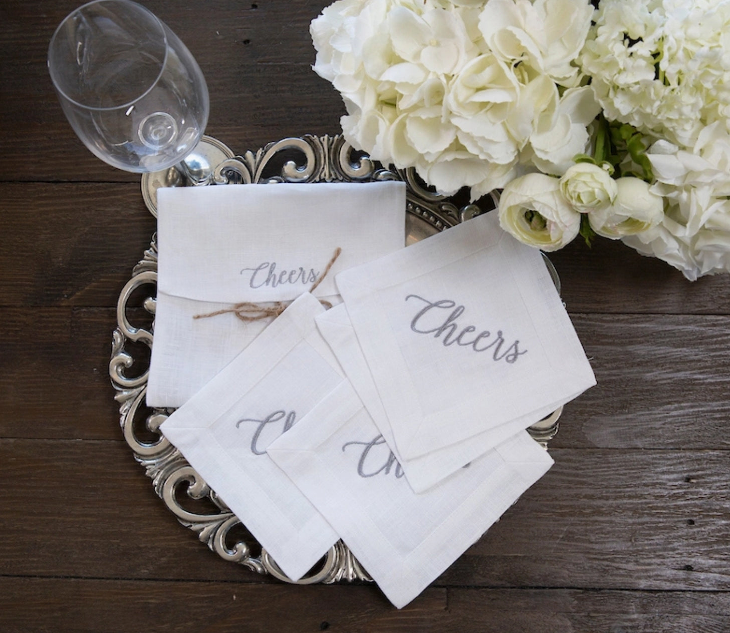 Cheers Linen Embroidered Cocktail Napkins