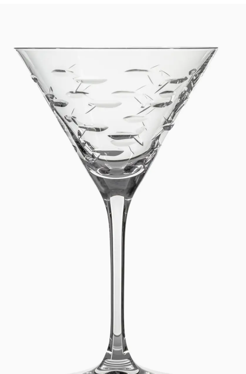 Clear martini glass with engraved school of fish