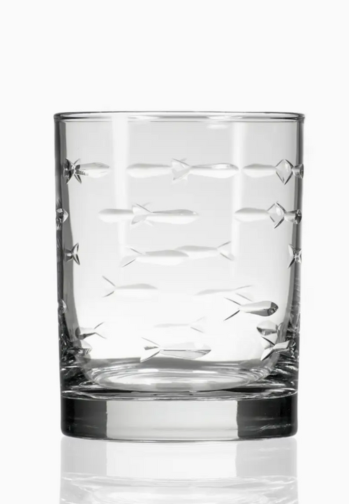 Clear cocktail glass with engraved school of fish