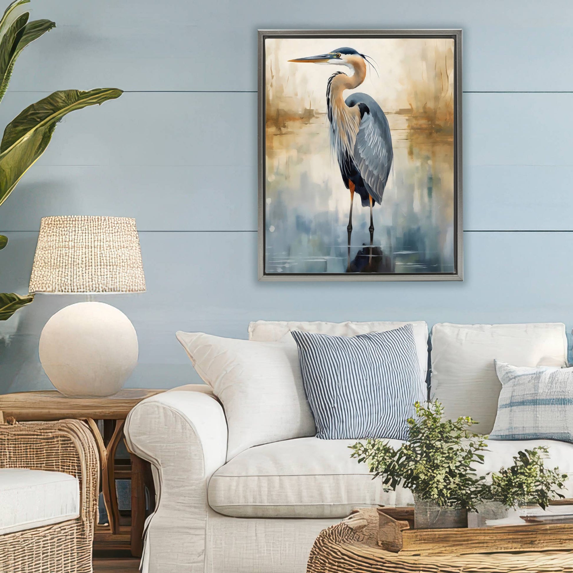 Peaceful Heron over Abstract - Framed Wall Art