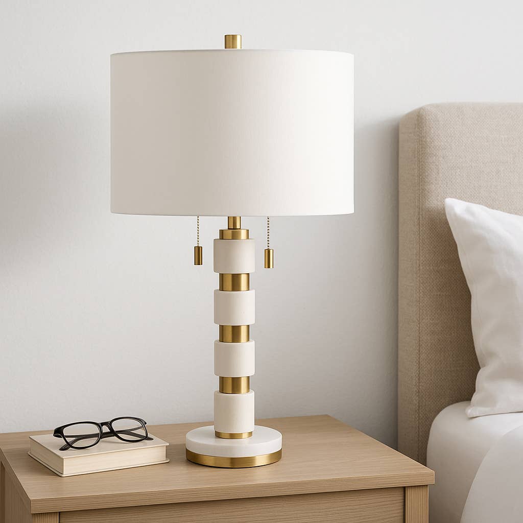 White/Gold 27x14 in. Stacked Marble Table Lamp with 2 Pulls