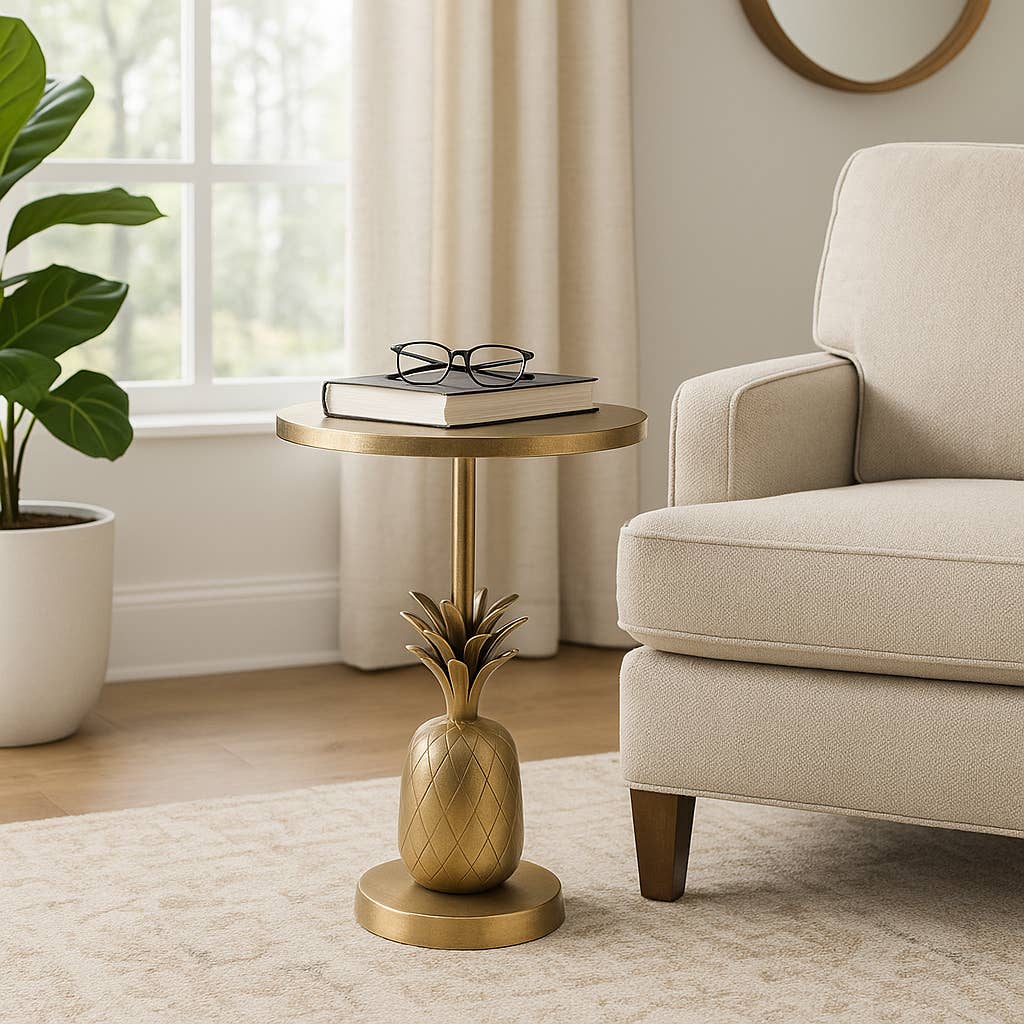 Gold 15x24 in. Metal Round Top Pineapple Side Table