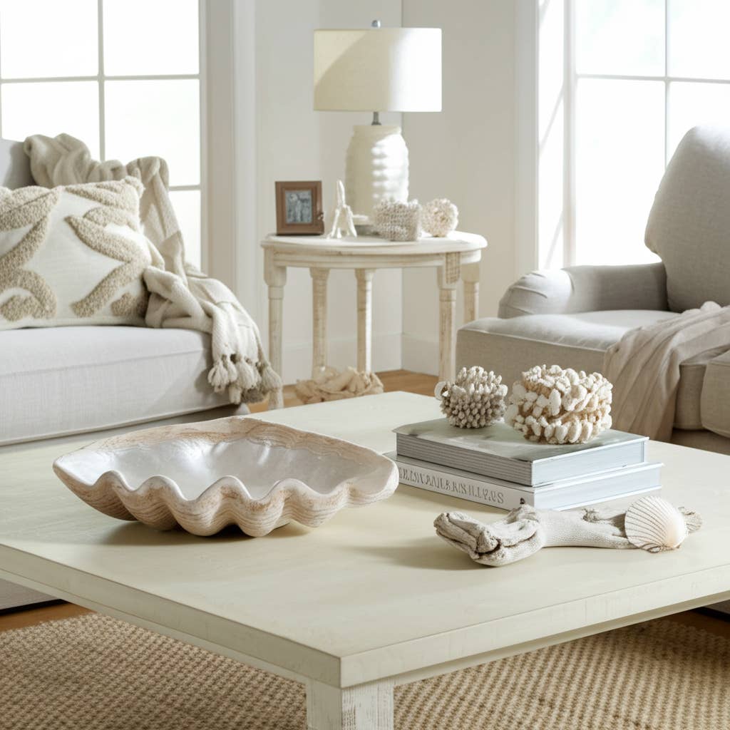 Decorative Bowl - Ivory Resin Coastal Wavy Rim, 16 in.
