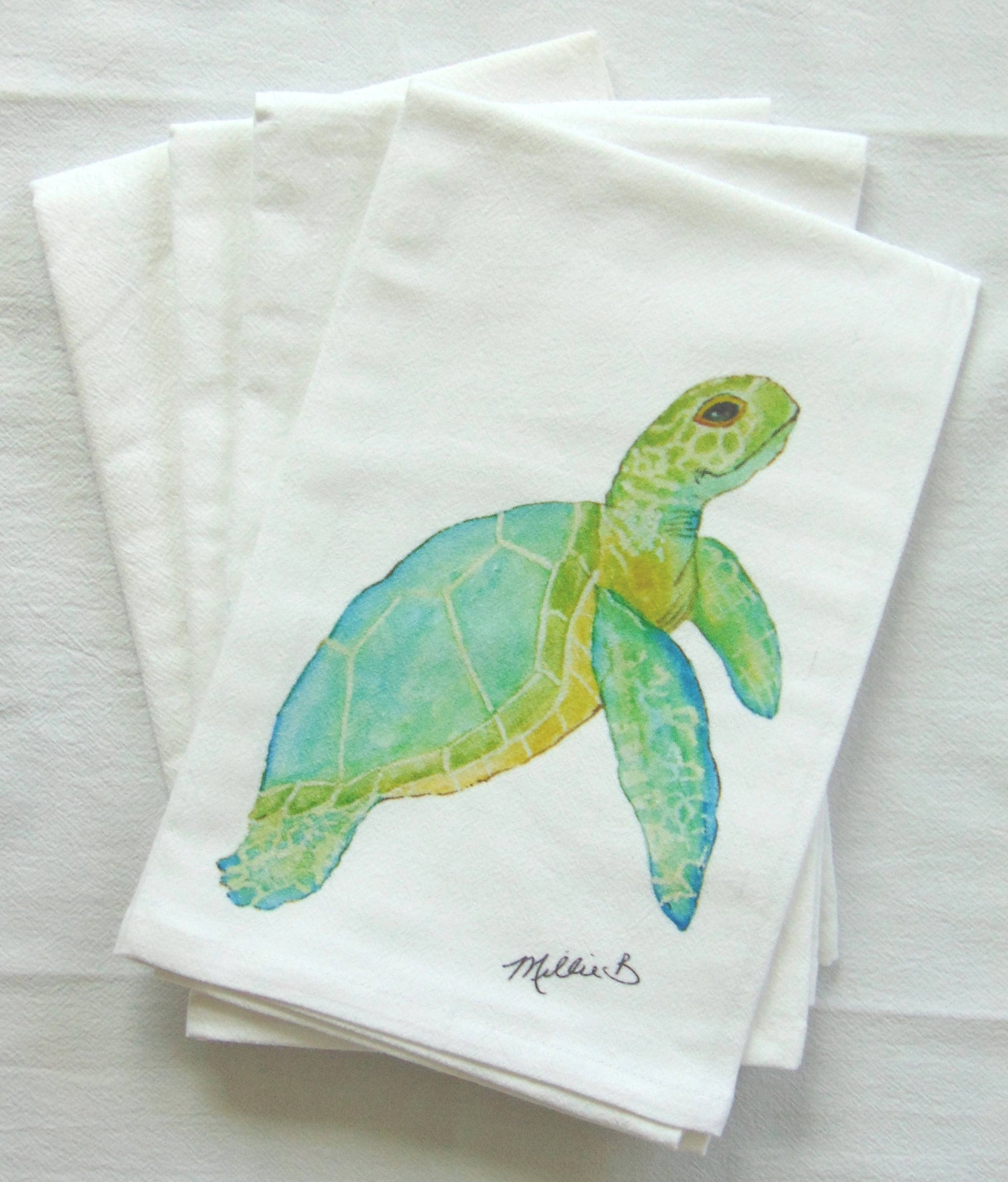 Limited Edition Aqua Sea Turtle White Flour Sack Towel