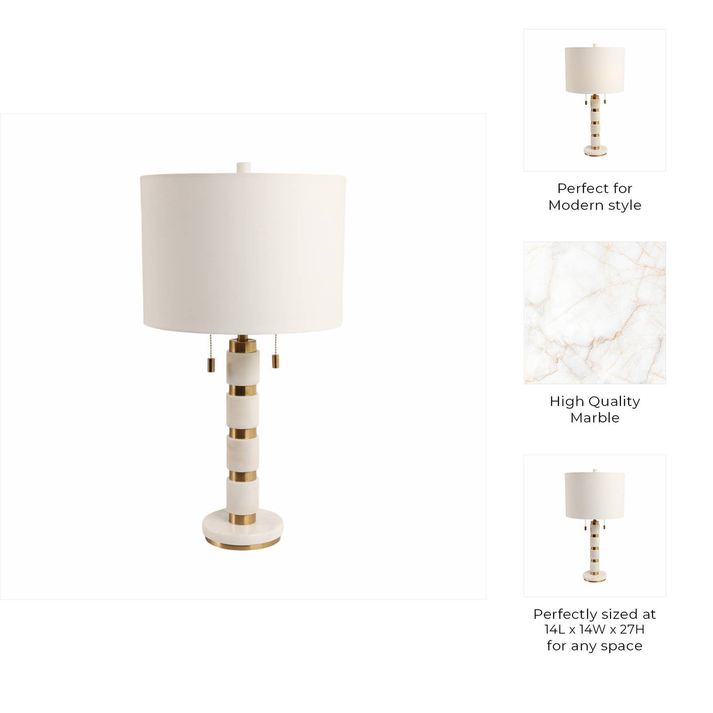 White/Gold 27x14 in. Stacked Marble Table Lamp with 2 Pulls