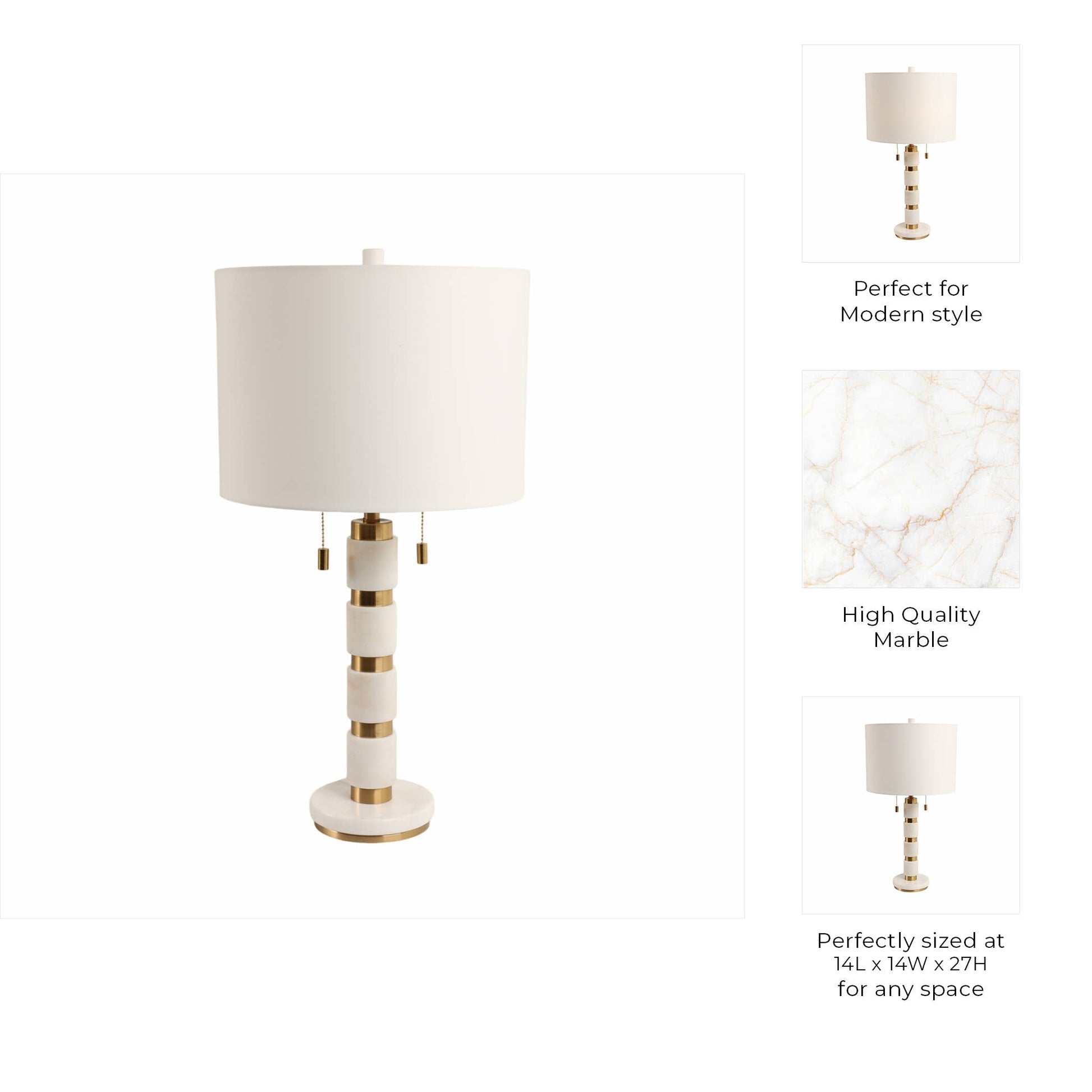 White/Gold 27x14 in. Stacked Marble Table Lamp with 2 Pulls