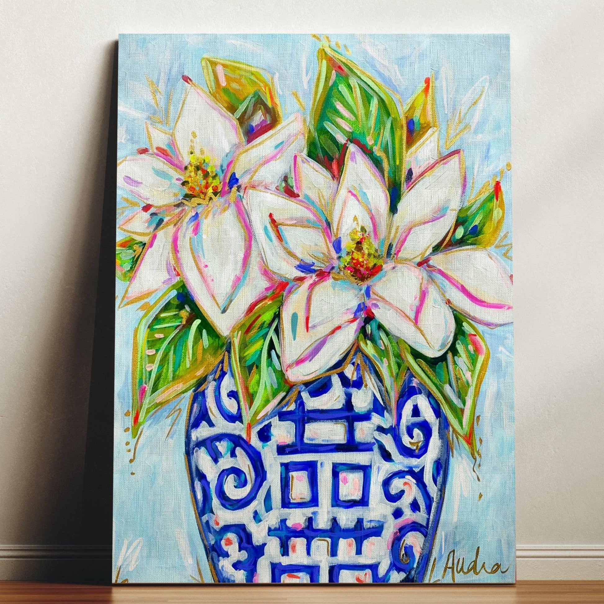 Magnolia Ginger Jar Floral Canvas Print - Blue and White Southern Art Painting