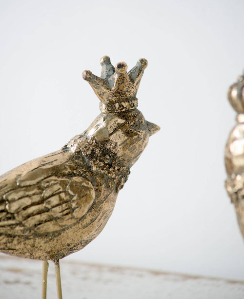 6x2x7" Set of 2 Polyresin Bird Accents w/ Crown - Gold