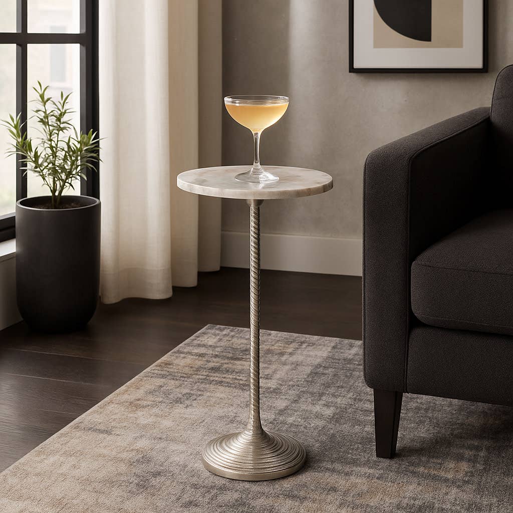 Drink Table - Brown Marble Top Pedestal Metal Base, 26 in.