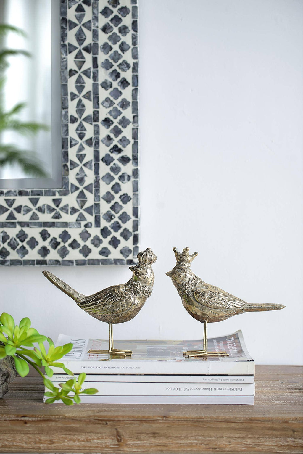 6x2x7" Set of 2 Polyresin Bird Accents w/ Crown - Gold