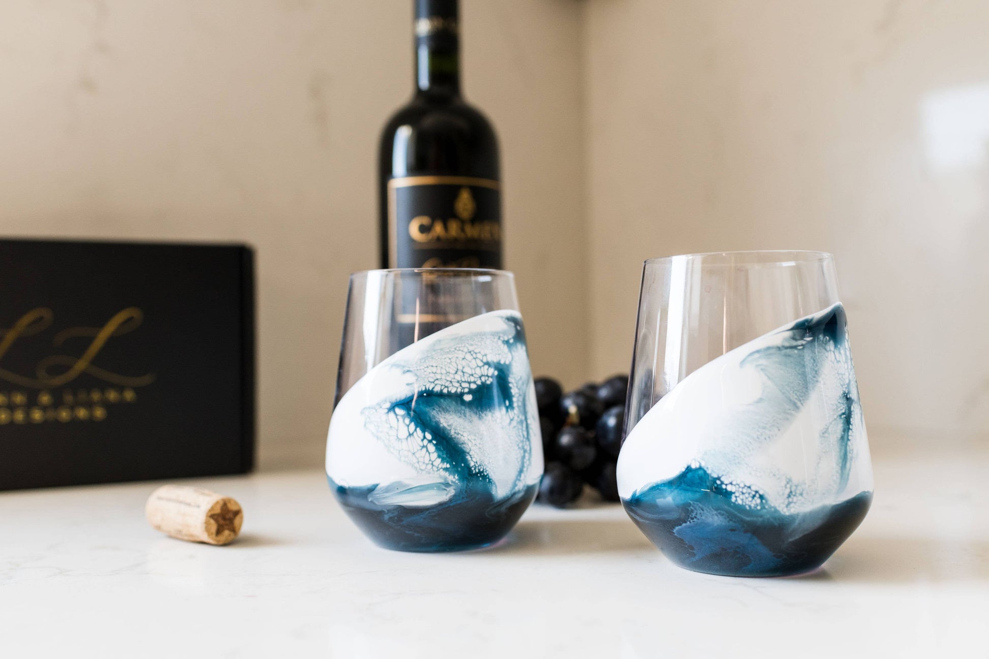 Resin Accented Wine Glasses - Set of 2 Handcrafted Stemless