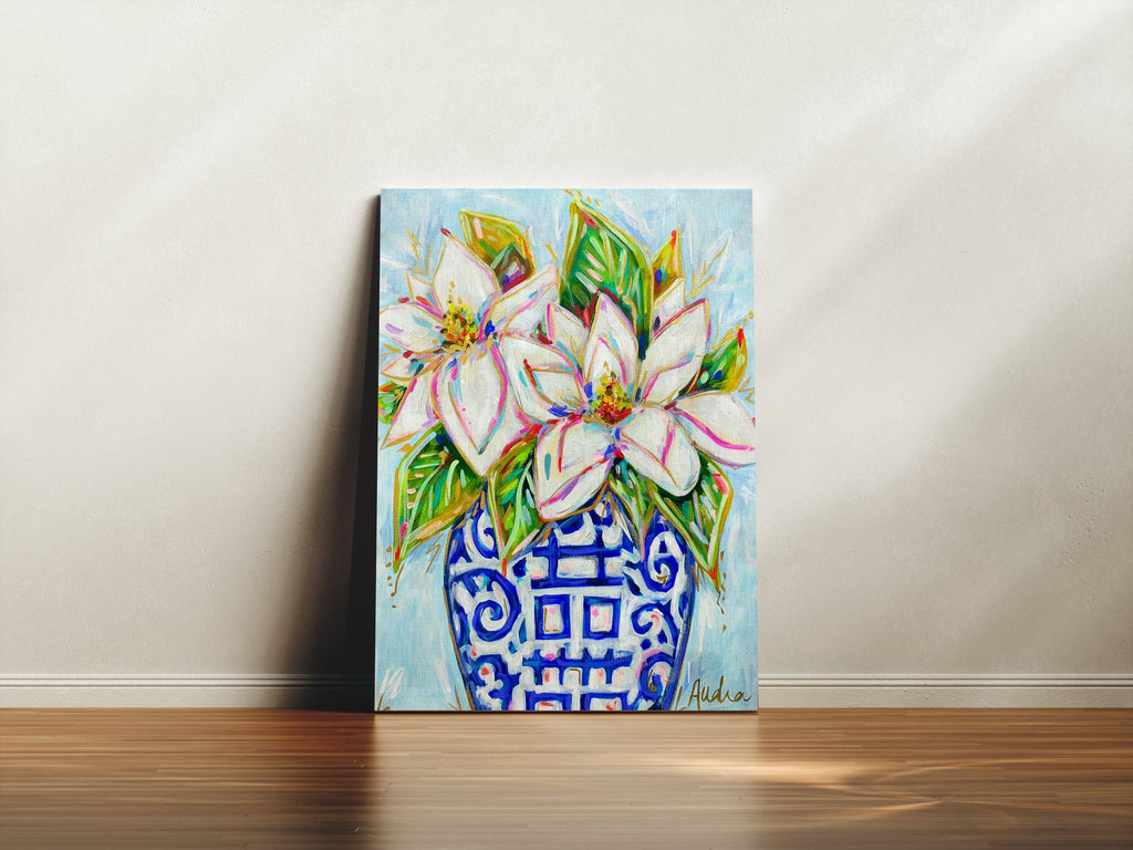 Magnolia Ginger Jar Floral Canvas Print - Blue and White Southern Art Painting