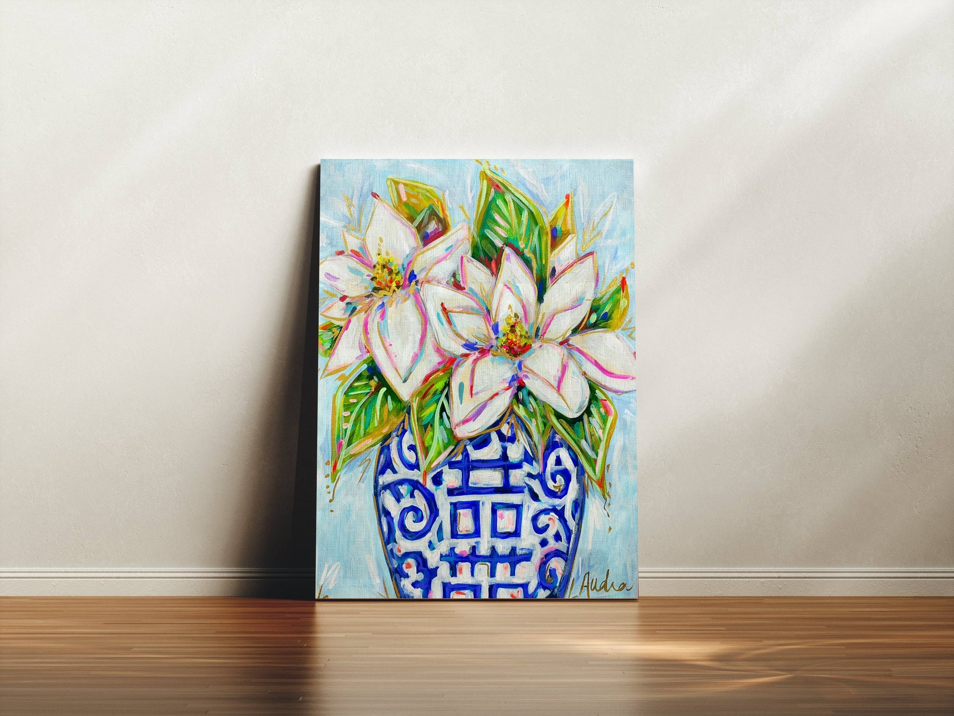 Magnolia Ginger Jar Floral Canvas Print - Blue and White Southern Art Painting