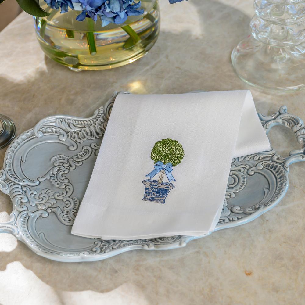 Chinoiserie Boxwood Embroidered Linen Towel | 17" x 29"