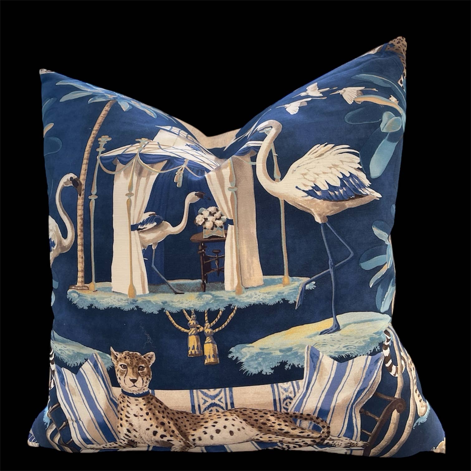 Navy Chinoiserie Throw Pillow with Feather Insert        