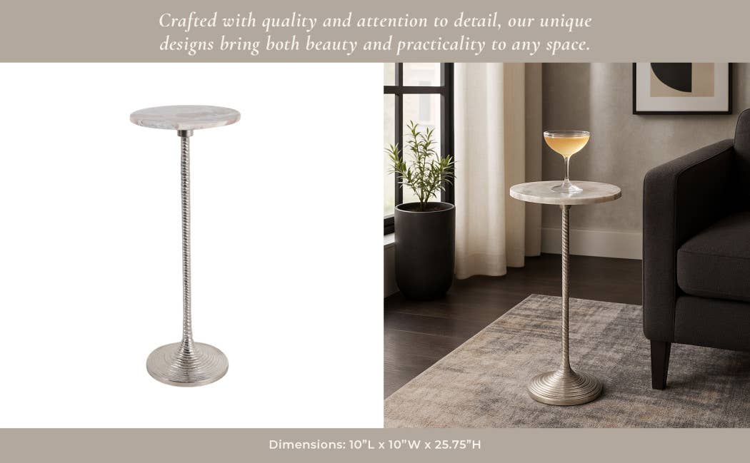 Drink Table - Brown Marble Top Pedestal Metal Base, 26 in.