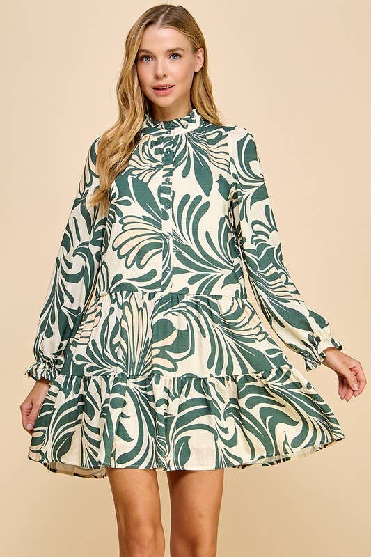 Olive Printed Long Sleeve Dress
