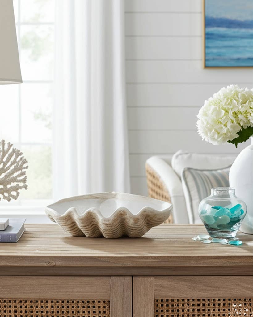 Decorative Bowl - Ivory Resin Coastal Wavy Rim, 16 in.