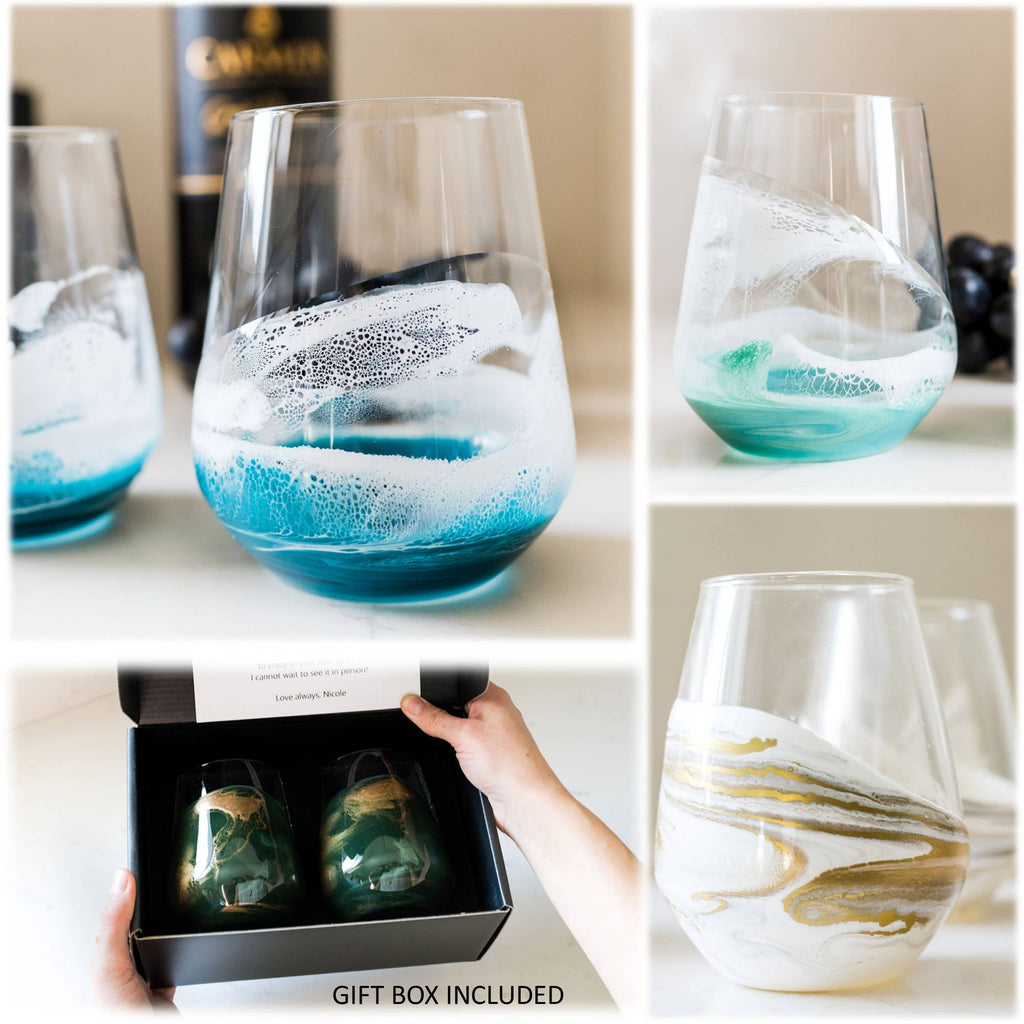 Resin Accented Wine Glasses - Set of 2 Handcrafted Stemless