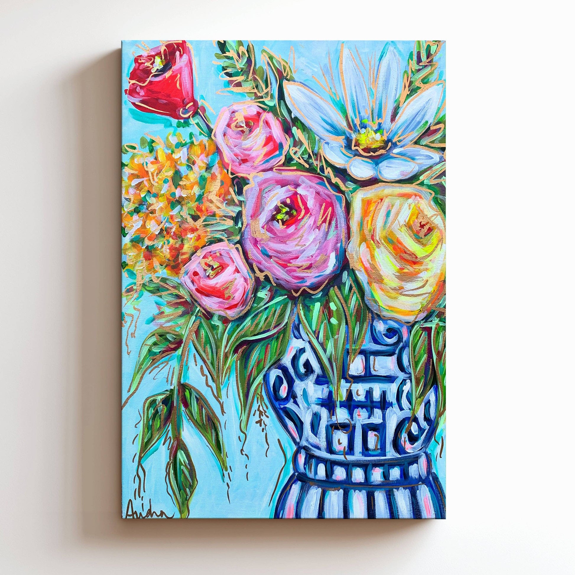 Ginger Jar Floral Canvas Print - Blue and White Flower Bouquet Art Painting