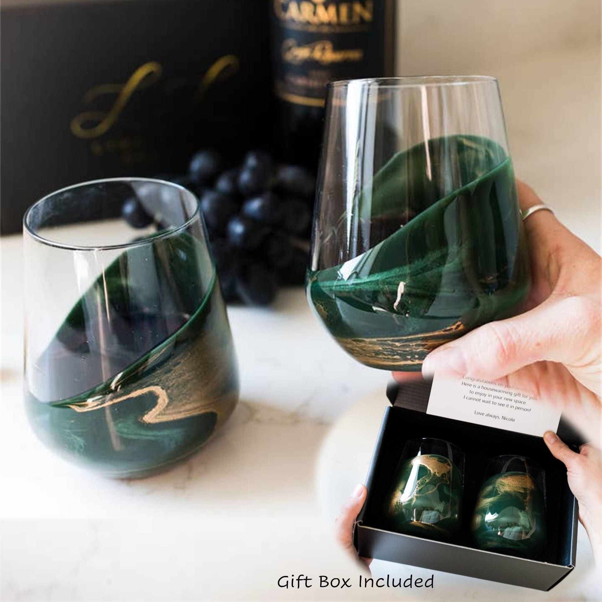 Resin Accented Wine Glasses - Set of 2 Handcrafted Stemless