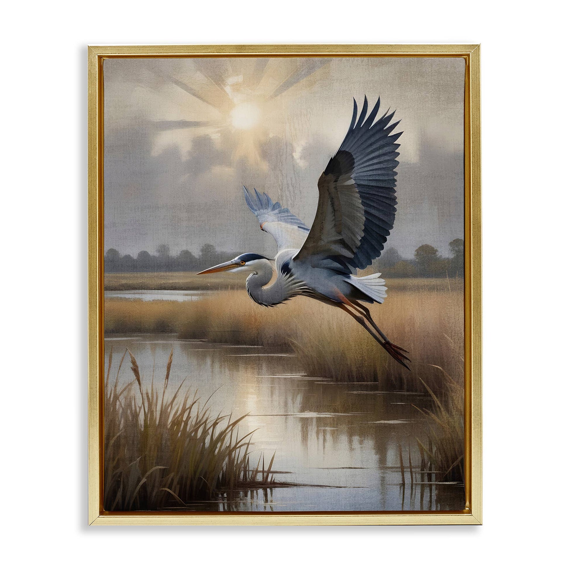 Heron Flight over Wetlands - Framed Wall Art