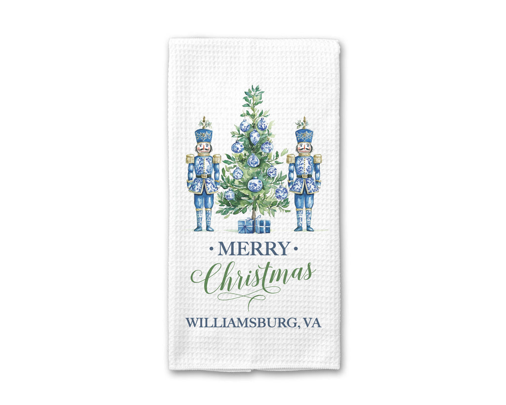 Chinoiserie Christmas Tree Towel, Blue Holiday Kitchen Decor