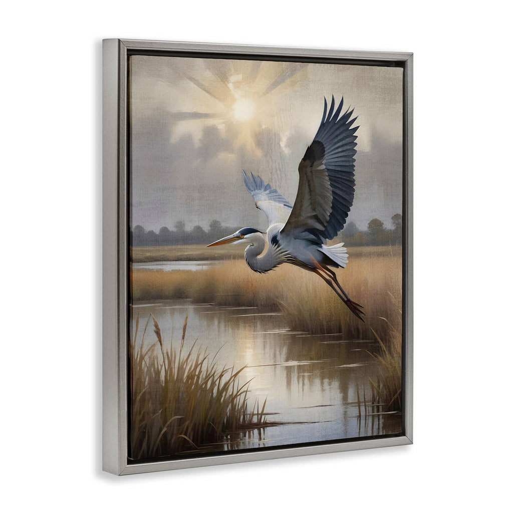 Heron Flight over Wetlands - Framed Wall Art
