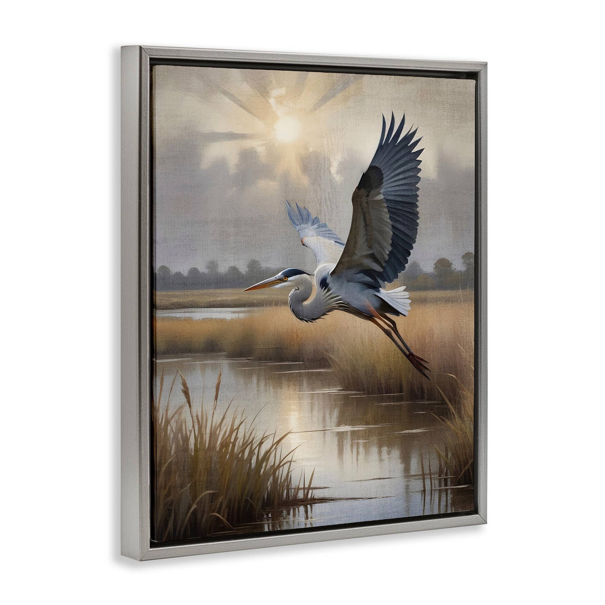 Heron Flight over Wetlands - Framed Wall Art