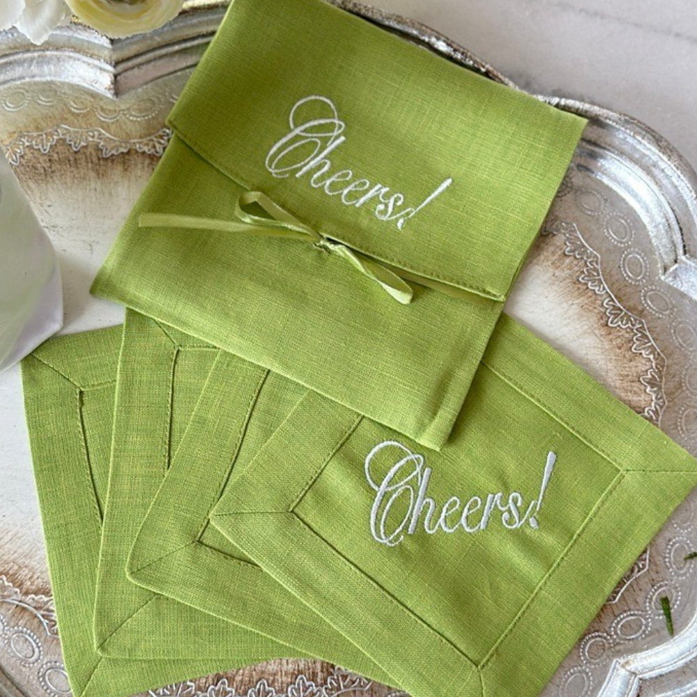 Cheers Embroidered Linen Cocktail Napkins | Set of 4