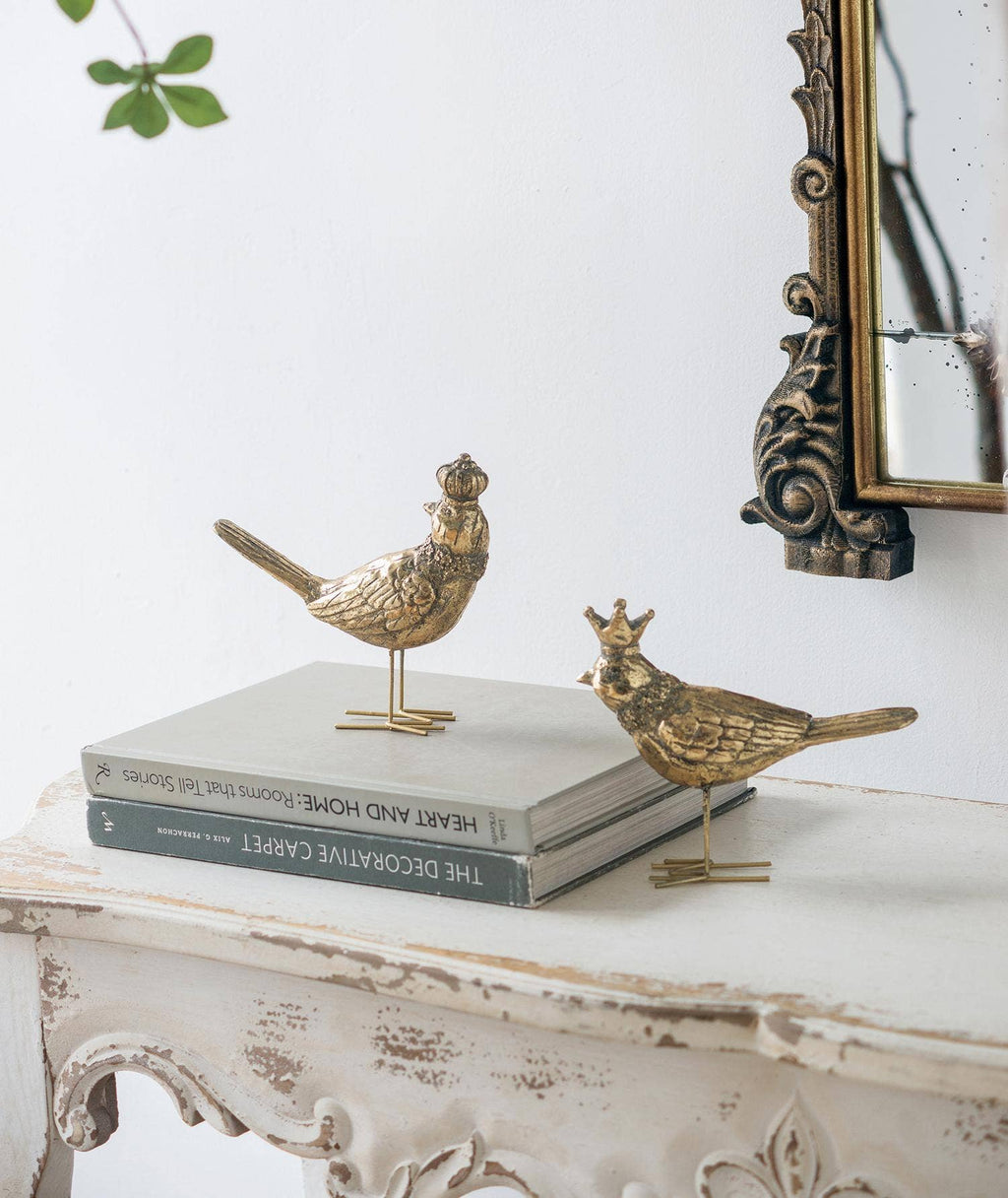6x2x7" Set of 2 Polyresin Bird Accents w/ Crown - Gold