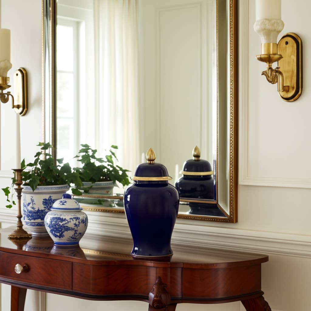 Ceramic Classic Decorative Temple Jar - Navy/Gold, 18 in.