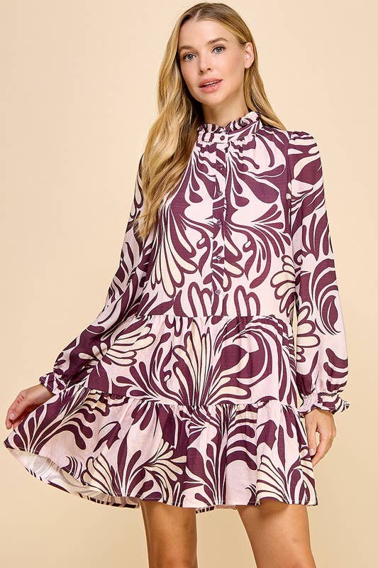 Olive Printed Long Sleeve Dress